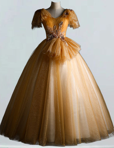 Gold V-Neck Lace Applique Tulle Girls' Ball Gown for Prom and Evening Events2 Gold V-Neck Lace Applique Tulle Girls' Ball Gown for Prom and Evening Events2