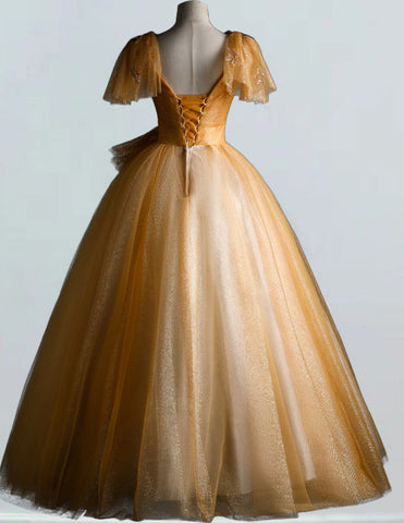 Gold V-Neck Lace Applique Tulle Girls' Ball Gown for Prom and Evening Events0 Gold V-Neck Lace Applique Tulle Girls' Ball Gown for Prom and Evening Events0