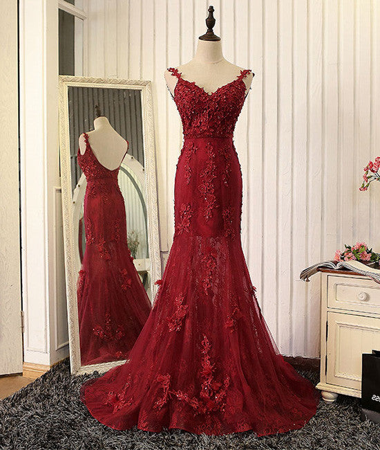 Burgundy v neck lace mermaid prom dress wedding bridal dress beading f Burgundy v neck lace mermaid prom dress wedding bridal dress beading f