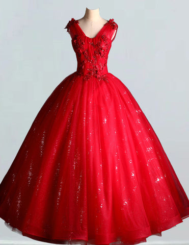 Elegant red lace V-neck prom ball gown with applique for girls' formal events1 Elegant red lace V-neck prom ball gown with applique for girls' formal events1