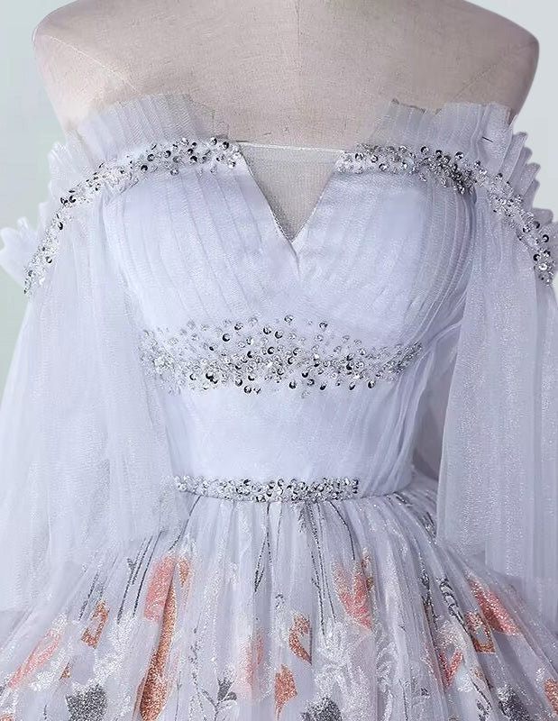 Elegant grey beaded off-shoulder prom ball gown with sleeves for girls0 Elegant grey beaded off-shoulder prom ball gown with sleeves for girls0