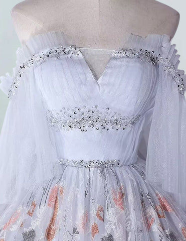 Elegant grey beaded off-shoulder prom ball gown with sleeves for girls0 Elegant grey beaded off-shoulder prom ball gown with sleeves for girls0