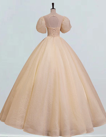 Elegant lace puff sleeve prom gown with scoop neck for girls - formal evening dress Elegant lace puff sleeve prom gown with scoop neck for girls - formal evening dress