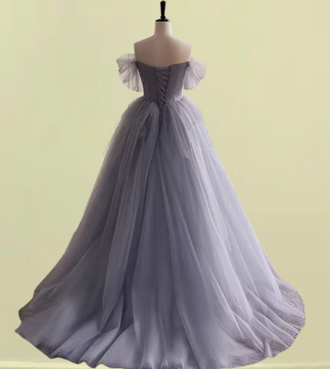 Gray tulle Floor length Ball Gown wedding dress,Beading wedding gown VIMYES