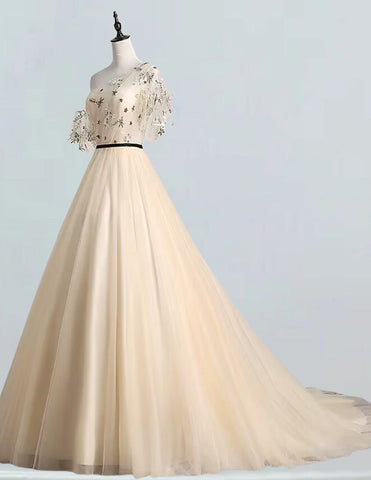 Elegant one-shoulder tulle prom dress for girls in formal evening gown style0 Elegant one-shoulder tulle prom dress for girls in formal evening gown style0