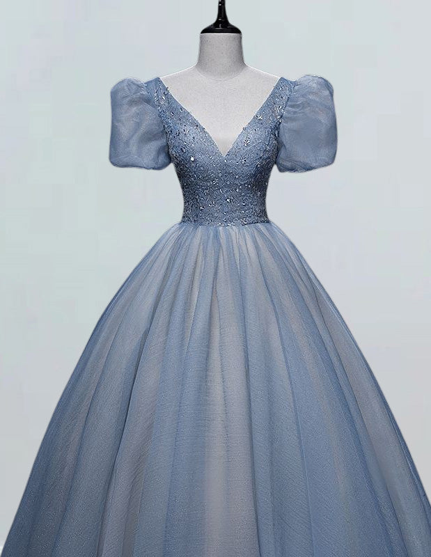 Elegant blue sequin V-neck prom dress with sleeves for girls2 Elegant blue sequin V-neck prom dress with sleeves for girls2