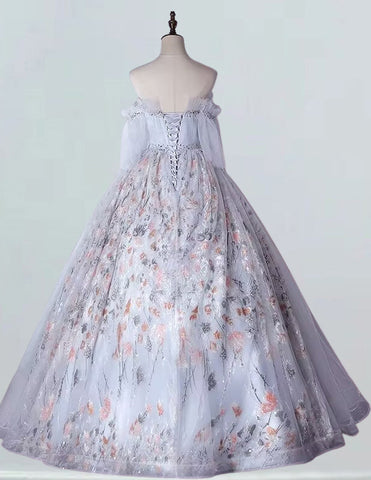 Elegant grey beaded off-shoulder prom ball gown with sleeves for girls2 Elegant grey beaded off-shoulder prom ball gown with sleeves for girls2