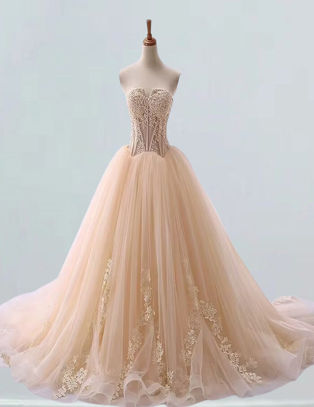 Elegant strapless lace applique bridal ball gown with chapel train for girls' formal events, including prom and bridesmaid occasions0 Elegant strapless lace applique bridal ball gown with chapel train for girls' formal events, including prom and bridesmaid occasions0
