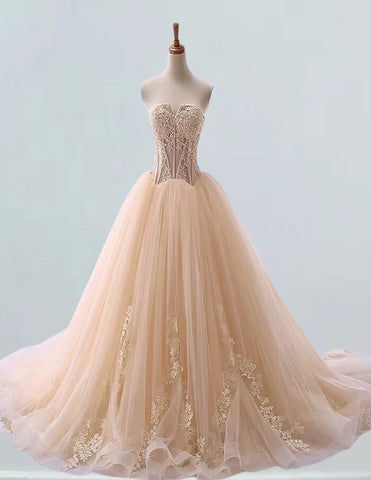 Elegant strapless lace applique bridal ball gown with chapel train for girls' formal events, including prom and bridesmaid occasions0 Elegant strapless lace applique bridal ball gown with chapel train for girls' formal events, including prom and bridesmaid occasions0