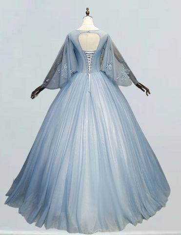 Grayish blue scoop lace applique long tulle ball gown for prom, elegant and modest evening dress with off shoulder design and corset detailing0 Grayish blue scoop lace applique long tulle ball gown for prom, elegant and modest evening dress with off shoulder design and corset detailing0