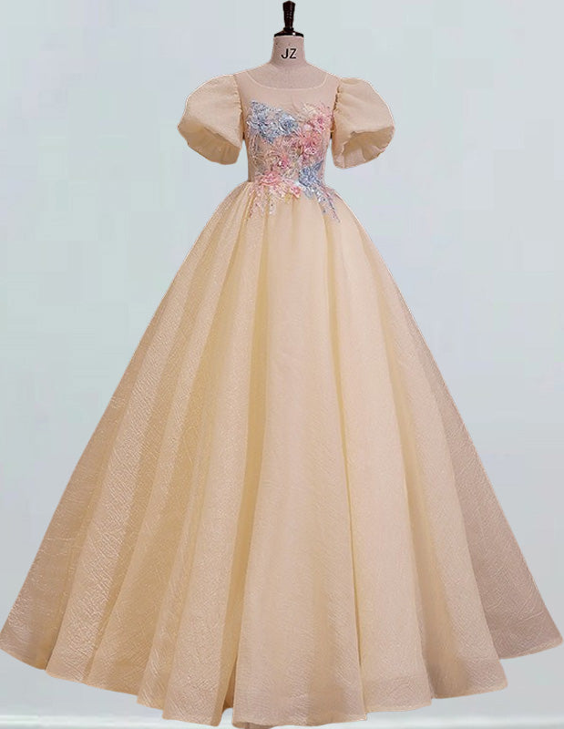 Elegant lace puff sleeve prom gown with scoop neck for girls - formal evening dress Elegant lace puff sleeve prom gown with scoop neck for girls - formal evening dress