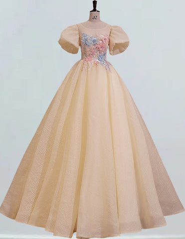 Elegant lace puff sleeve prom gown with scoop neck for girls - formal evening dress Elegant lace puff sleeve prom gown with scoop neck for girls - formal evening dress