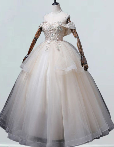 Elegant lace applique off-shoulder tulle prom gown for girls0 Elegant lace applique off-shoulder tulle prom gown for girls0