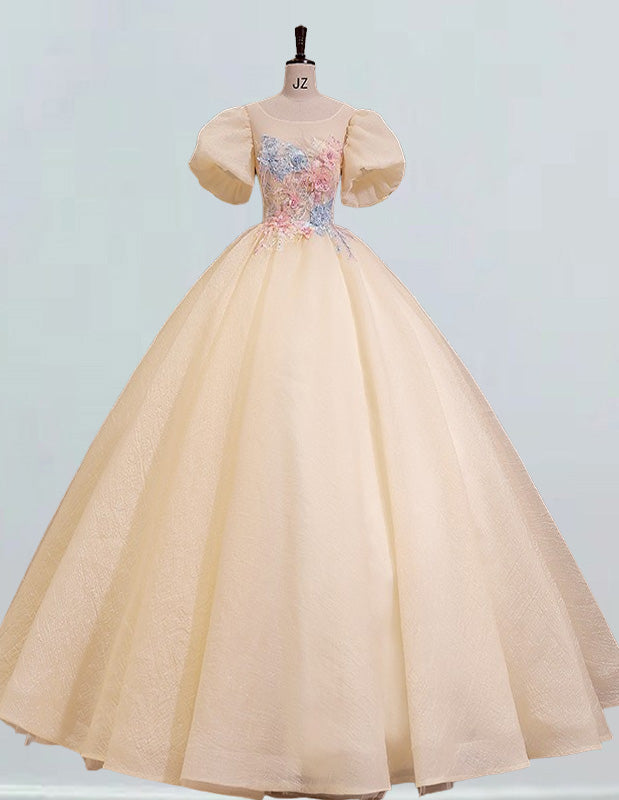 Elegant lace puff sleeve prom gown with scoop neck for girls - formal evening dress Elegant lace puff sleeve prom gown with scoop neck for girls - formal evening dress