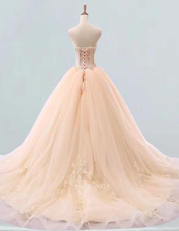 Elegant strapless lace applique bridal ball gown with chapel train for girls' formal events, including prom and bridesmaid occasions2 Elegant strapless lace applique bridal ball gown with chapel train for girls' formal events, including prom and bridesmaid occasions2