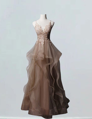 Elegant beaded V-neck lace applique prom ball gown with straps for girls0 Elegant beaded V-neck lace applique prom ball gown with straps for girls0