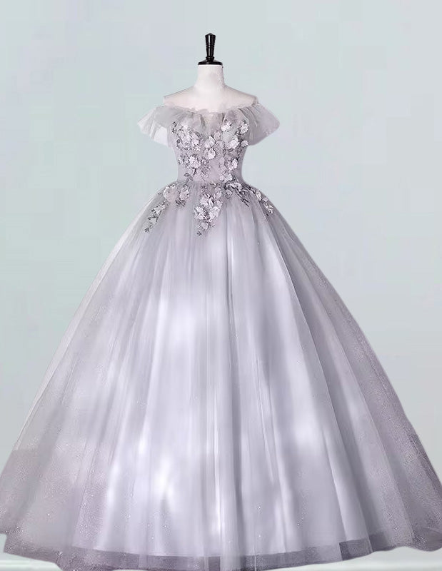 Elegant off-shoulder tulle prom dress with lace floral details for girls' formal evening gown1 Elegant off-shoulder tulle prom dress with lace floral details for girls' formal evening gown1