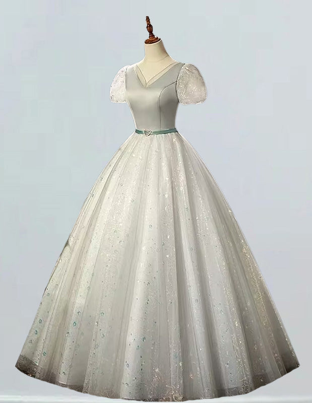 Elegant plus size silver gray sparkle tulle evening gown with V-neck for girls' prom and formal events0 Elegant plus size silver gray sparkle tulle evening gown with V-neck for girls' prom and formal events0