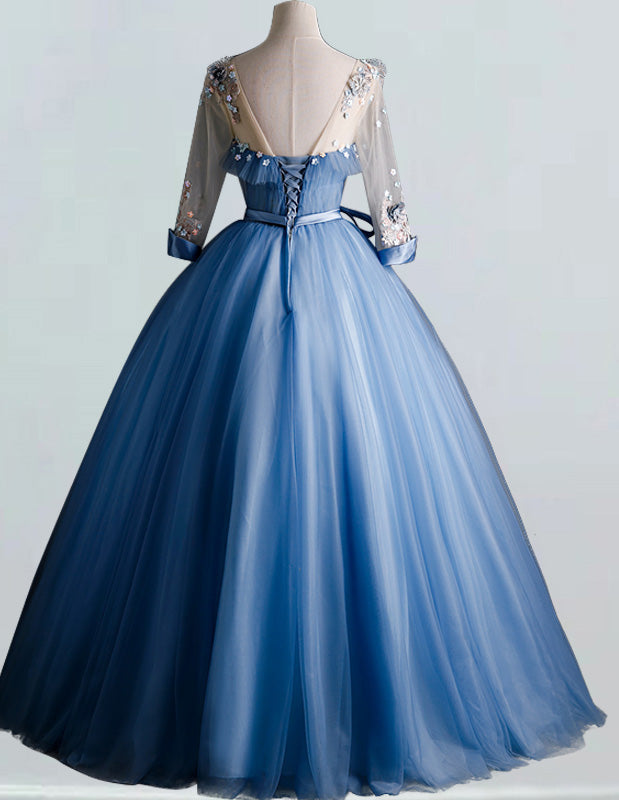 Blue pleated lace applique scoop long tulle ball gown for girls, perfect for prom, weddings, and formal events1 Blue pleated lace applique scoop long tulle ball gown for girls, perfect for prom, weddings, and formal events1