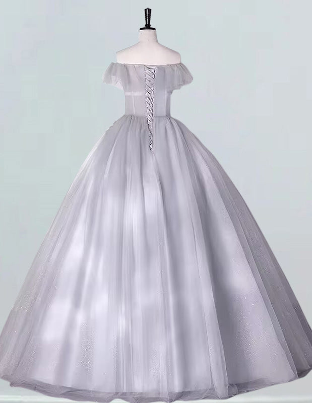 Elegant off-shoulder tulle prom dress with lace floral details for girls' formal evening gown3 Elegant off-shoulder tulle prom dress with lace floral details for girls' formal evening gown3