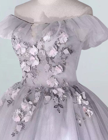 Elegant off-shoulder tulle prom dress with lace floral details for girls' formal evening gown0 Elegant off-shoulder tulle prom dress with lace floral details for girls' formal evening gown0