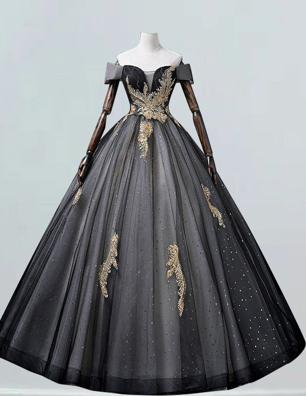 Black off the shoulder princess ball gown gold lace applique evening g Black off the shoulder princess ball gown gold lace applique evening g