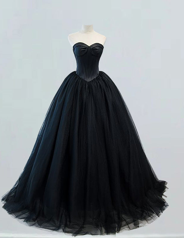 Black strapless tulle chapel train ball gown fairy a line prom dress VIMYES Black strapless tulle chapel train ball gown fairy a line prom dress VIMYES