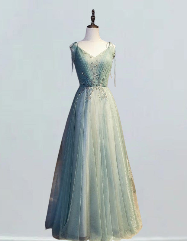 Mint Green Beaded V-Neck Tulle Prom Gown | Elegant Evening Dress Mint Green Beaded V-Neck Tulle Prom Gown | Elegant Evening Dress