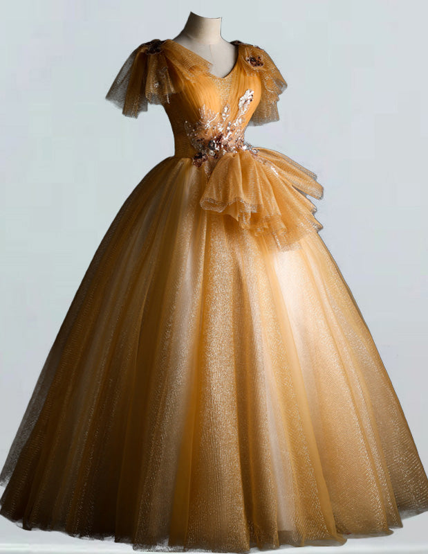 Gold V-Neck Lace Applique Tulle Girls' Ball Gown for Prom and Evening Events3 Gold V-Neck Lace Applique Tulle Girls' Ball Gown for Prom and Evening Events3