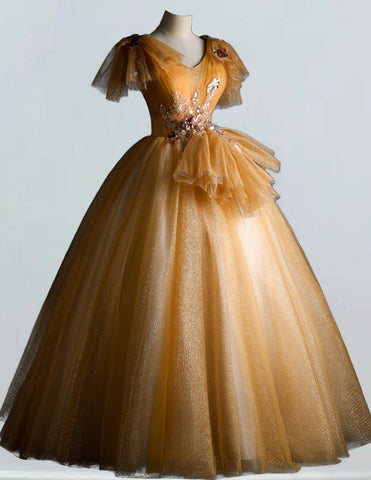 Gold V-Neck Lace Applique Tulle Girls' Ball Gown for Prom and Evening Events3 Gold V-Neck Lace Applique Tulle Girls' Ball Gown for Prom and Evening Events3