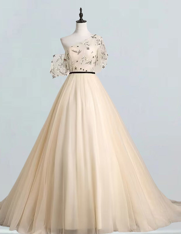 Elegant one-shoulder tulle prom dress for girls in formal evening gown style3 Elegant one-shoulder tulle prom dress for girls in formal evening gown style3