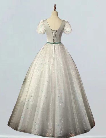 Elegant plus size silver gray sparkle tulle evening gown with V-neck for girls' prom and formal events3 Elegant plus size silver gray sparkle tulle evening gown with V-neck for girls' prom and formal events3