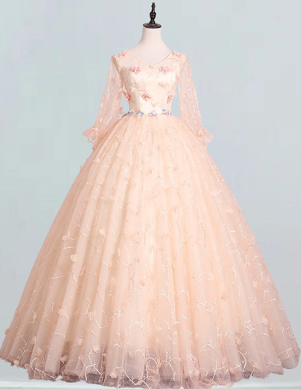 Elegant V-Neck Lace Ball Gown Prom Dress with Long Sleeves for Girls0 Elegant V-Neck Lace Ball Gown Prom Dress with Long Sleeves for Girls0