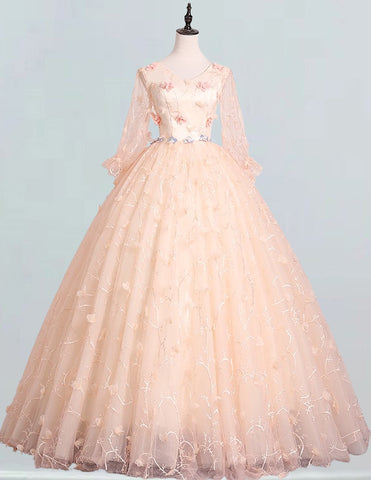 Elegant V-Neck Lace Ball Gown Prom Dress with Long Sleeves for Girls0 Elegant V-Neck Lace Ball Gown Prom Dress with Long Sleeves for Girls0