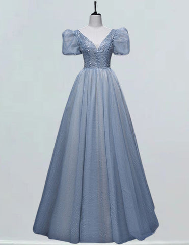 Elegant blue sequin V-neck prom dress with sleeves for girls0 Elegant blue sequin V-neck prom dress with sleeves for girls0