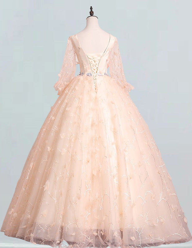 Elegant V-Neck Lace Ball Gown Prom Dress with Long Sleeves for Girls2 Elegant V-Neck Lace Ball Gown Prom Dress with Long Sleeves for Girls2