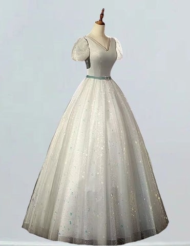 Elegant plus size silver gray sparkle tulle evening gown with V-neck for girls' prom and formal events2 Elegant plus size silver gray sparkle tulle evening gown with V-neck for girls' prom and formal events2