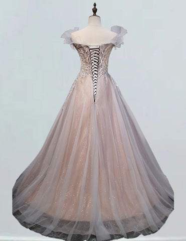 Elegant V-Neck Beaded Lace Tulle Prom & Evening Ball Gown for Girls Elegant V-Neck Beaded Lace Tulle Prom & Evening Ball Gown for Girls