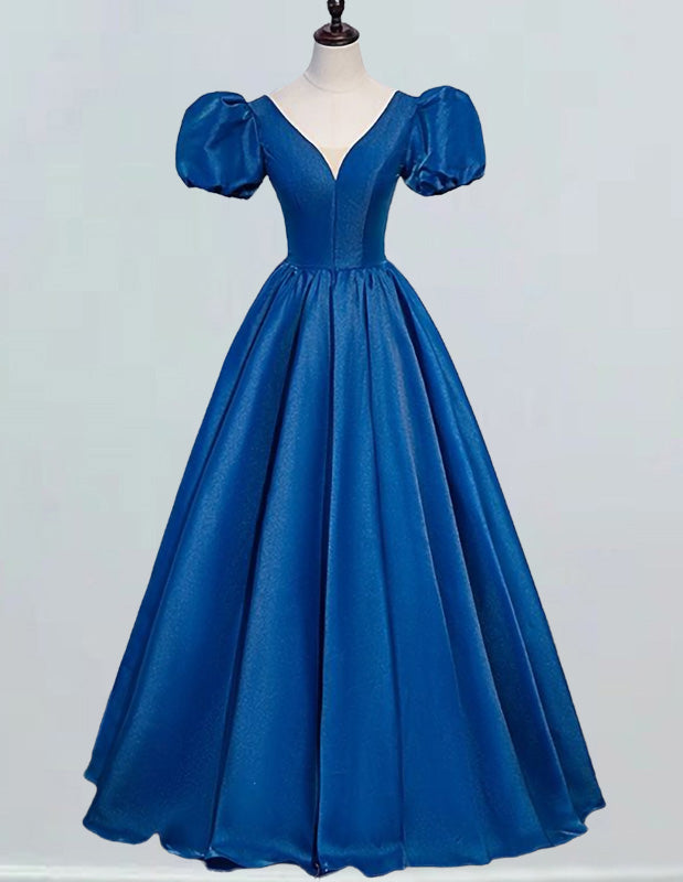 Elegant blue V-neck prom and bridal gown with short sleeves for girls0 Elegant blue V-neck prom and bridal gown with short sleeves for girls0