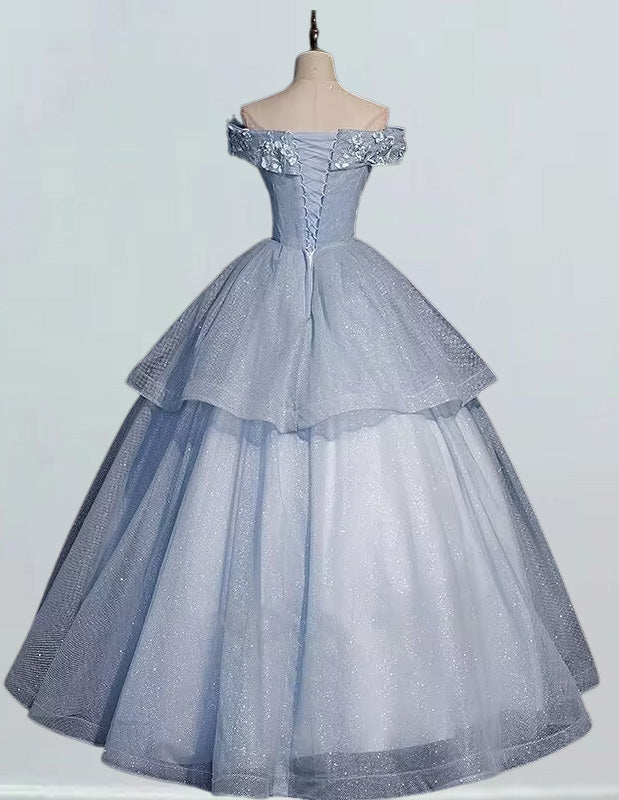 Elegant off-shoulder blue lace applique Quinceanera prom gown for girls1 Elegant off-shoulder blue lace applique Quinceanera prom gown for girls1