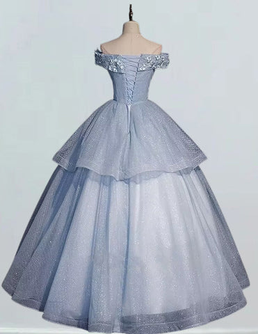 Elegant off-shoulder blue lace applique Quinceanera prom gown for girls1 Elegant off-shoulder blue lace applique Quinceanera prom gown for girls1