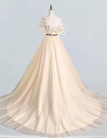 Elegant one-shoulder tulle prom dress for girls in formal evening gown style1 Elegant one-shoulder tulle prom dress for girls in formal evening gown style1