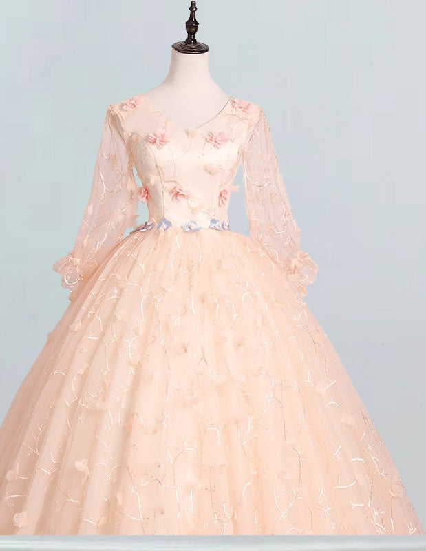 Elegant V-Neck Lace Ball Gown Prom Dress with Long Sleeves for Girls1 Elegant V-Neck Lace Ball Gown Prom Dress with Long Sleeves for Girls1