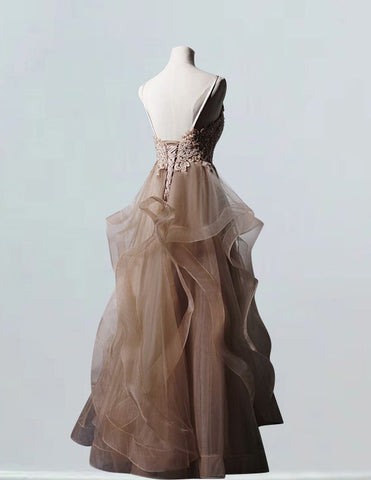 Elegant beaded V-neck lace applique prom ball gown with straps for girls2 Elegant beaded V-neck lace applique prom ball gown with straps for girls2