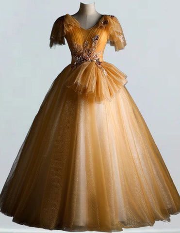Gold V-Neck Lace Applique Tulle Girls' Ball Gown for Prom and Evening Events1 Gold V-Neck Lace Applique Tulle Girls' Ball Gown for Prom and Evening Events1