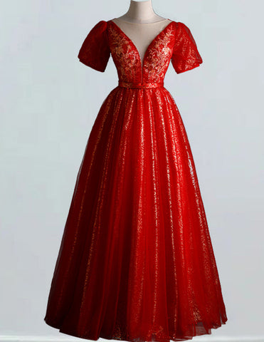 Elegant red V-neck sequin tulle evening ball gown for women, perfect for proms and formal events2 Elegant red V-neck sequin tulle evening ball gown for women, perfect for proms and formal events2