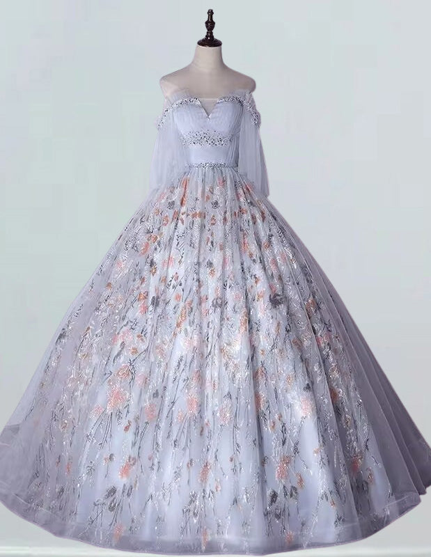 Elegant grey beaded off-shoulder prom ball gown with sleeves for girls1 Elegant grey beaded off-shoulder prom ball gown with sleeves for girls1
