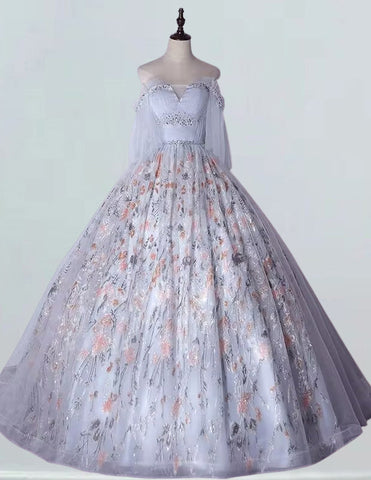 Elegant grey beaded off-shoulder prom ball gown with sleeves for girls1 Elegant grey beaded off-shoulder prom ball gown with sleeves for girls1