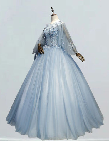 Grayish blue scoop lace applique long tulle ball gown for prom, elegant and modest evening dress with off shoulder design and corset detailing1 Grayish blue scoop lace applique long tulle ball gown for prom, elegant and modest evening dress with off shoulder design and corset detailing1