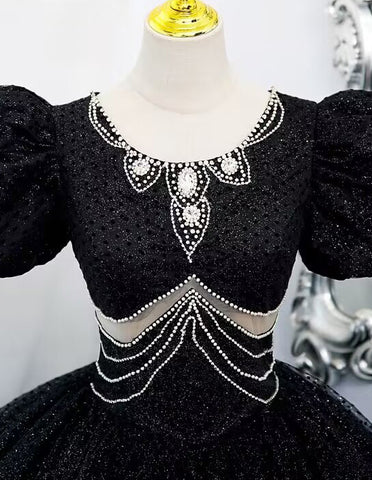 Black rhinestones beaded short sleeve long ball gown